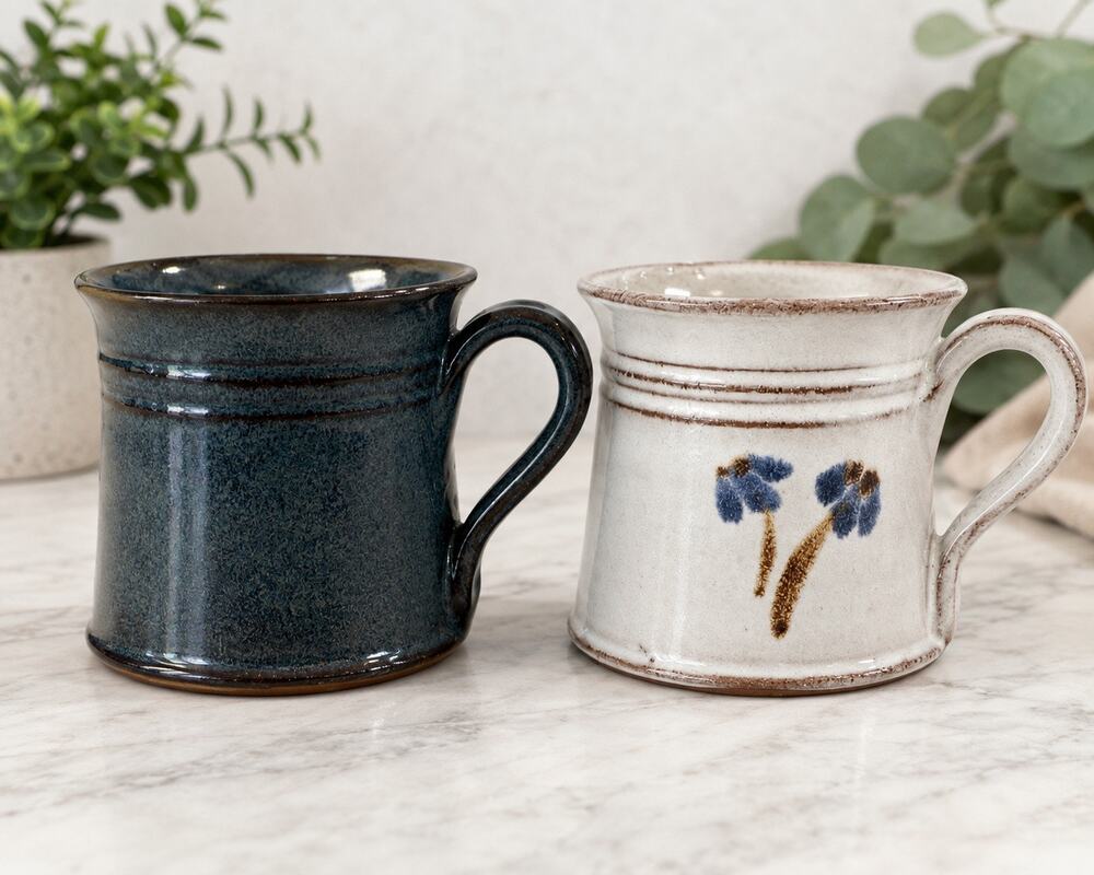 Vintage 1985 Jugtown Ware Pottery Mugs Blue Floral Seagrove NC Set of 2